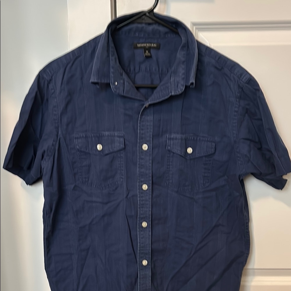 Stylish dark blue button up short sleeve shirt